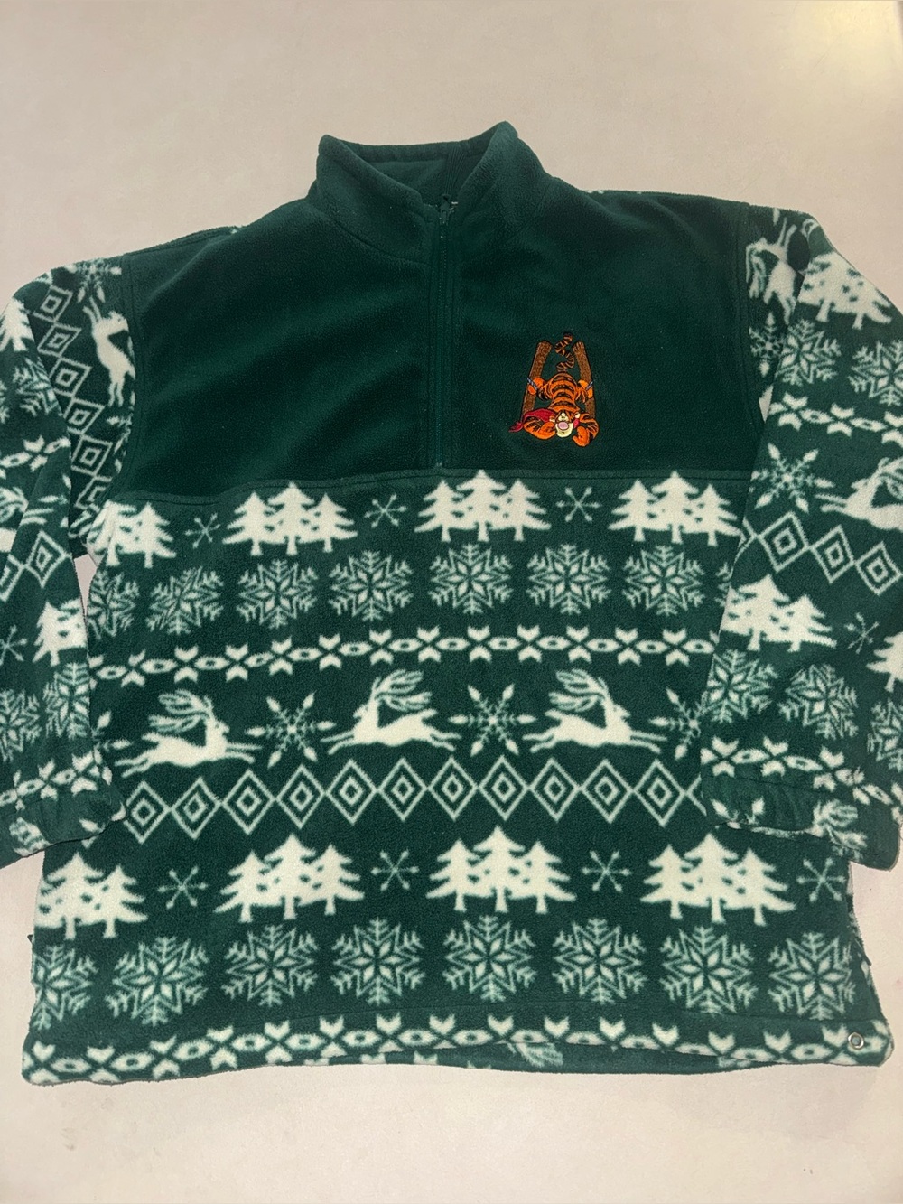 Vintage Disney Store Tigger Fleece Pullover Christmas Green Fair Isle